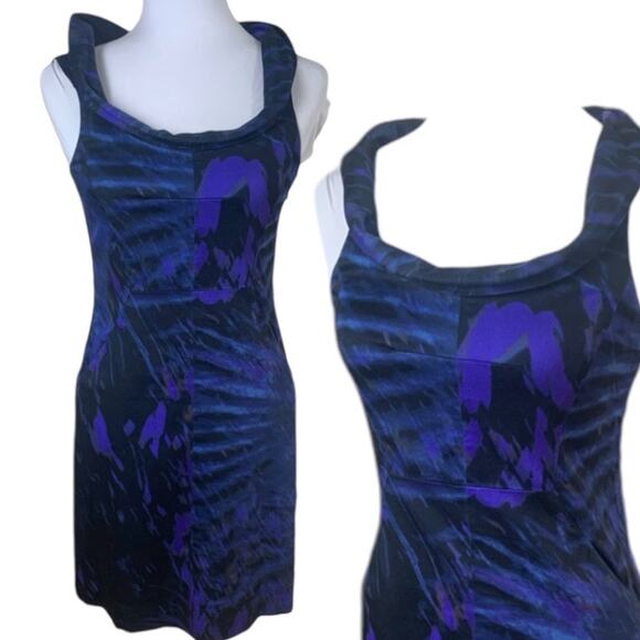 Theory Size 2 Benja Watercolor Sheath Dress Blue Draped Cowl Neck Cocktail - Picture 1 of 10